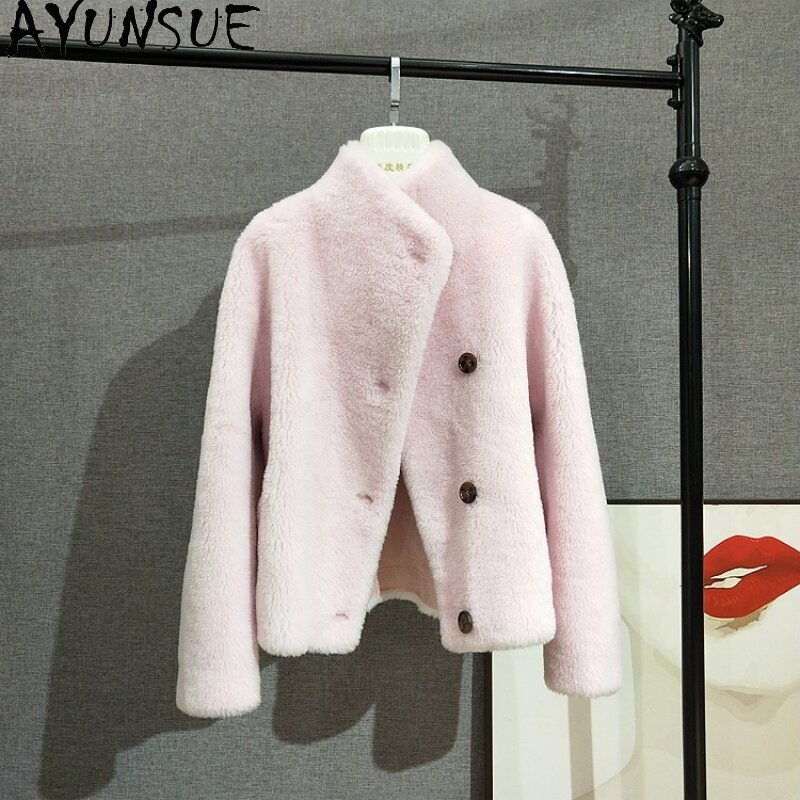 AYUNSUE-casaco curto de lã real feminino, jaqueta de parka, gola alta, jaquetas femininas, estilo quente, outono, inverno, 100%, 2023