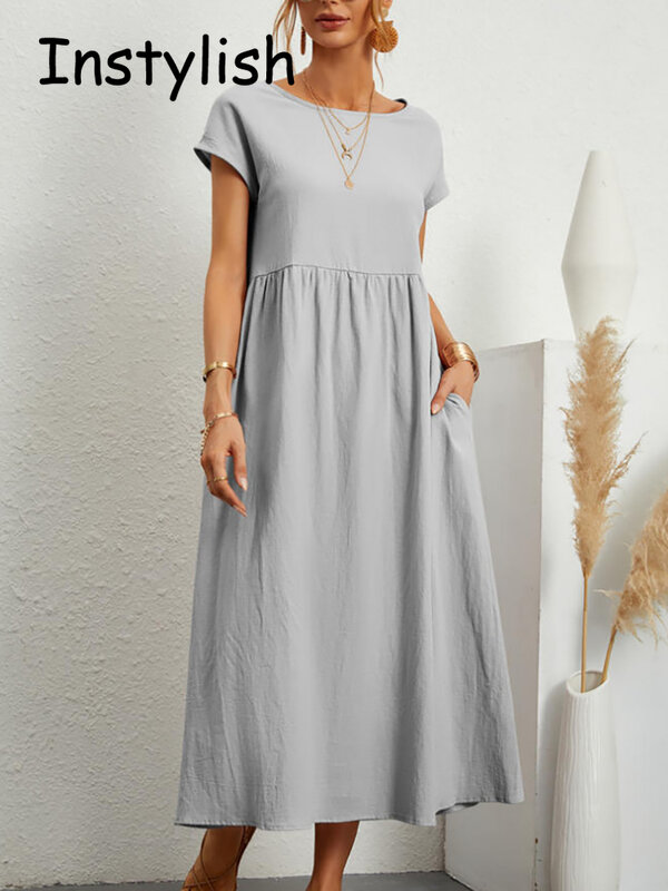 Kobiety elegancka sukienka Maxi w jednolitym kolorze lato z krótkim rękawem O szyi Vintage bawełniane, w stylu Harajuku lniana luźna Sundress Y2K kieszenie długa sukienka