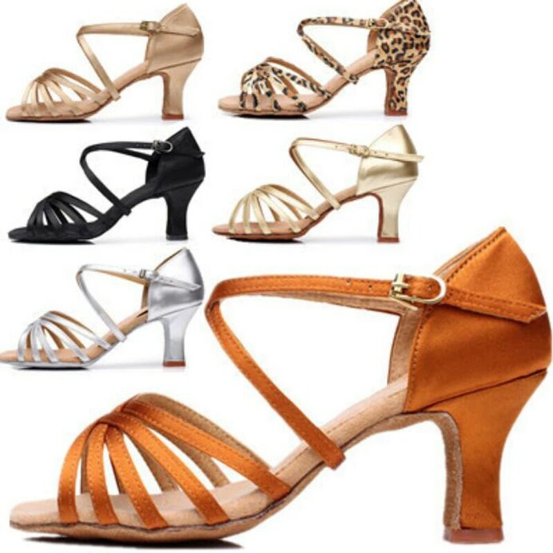 Zapatos de baile latino para mujer, sandalias de baile de salón, Jazz, Salsa, 7 colores, tacón medio de 5cm/7cm, suela de gamuza suave, A01D