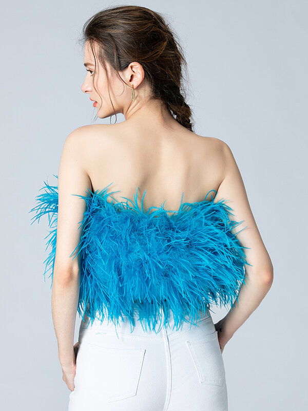 Summer Sexy Furry Top Woman Ostrich Feather Vest Fur Coat Female Natural Feather Pink Backless Tops 2022 Ladies Party Tube Tops