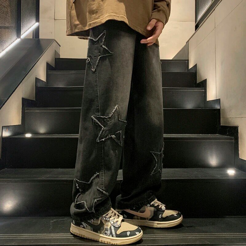 Jeans à jambes larges vintage pour hommes et femmes, pantalons en denim Alt, streetwear noir coréen, esthétique étoile surdimensionnée, vêtements droits FJWide, Y2K