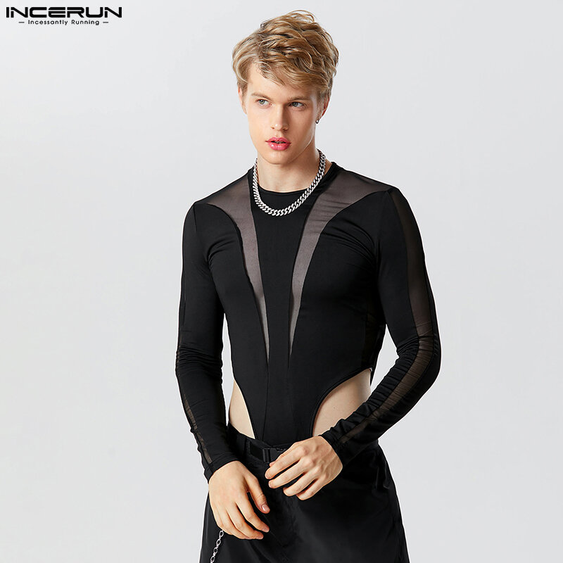 INCERUN 2023 seksi baru pria Bodysuit tipis tembus pandang Mesh Patchwork Jumpsuit bergaya Solid All-match lengan panjang baju monyet S-5XL