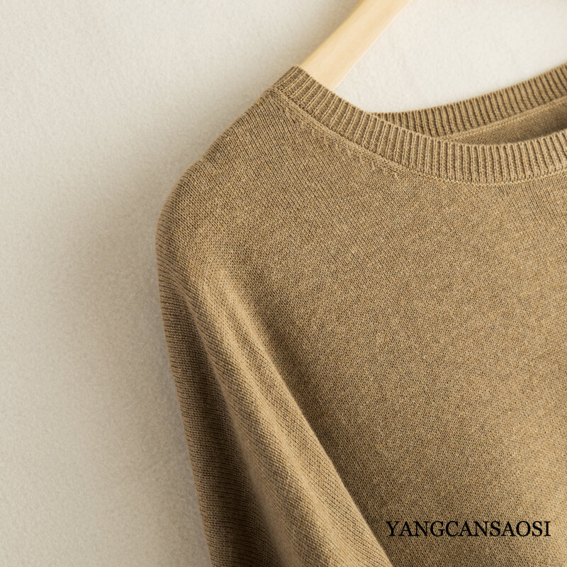 Женский Шелковый кашемировый свитер, Однотонная рубашка из шелка тутового шелкопряда с круглым вырезом, свободный свитер средней длины с рукавом летучая мышь