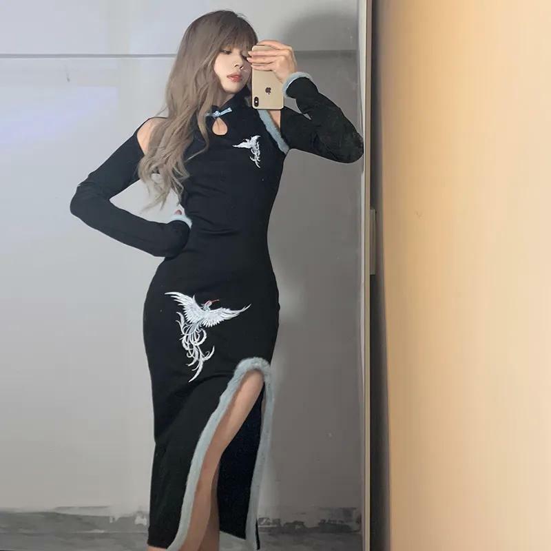 Cheongsam oco estilo chinês feminino, vestido bordado sexy de qipao, roupa de dança, senhora retrô, outono e inverno, 2023
