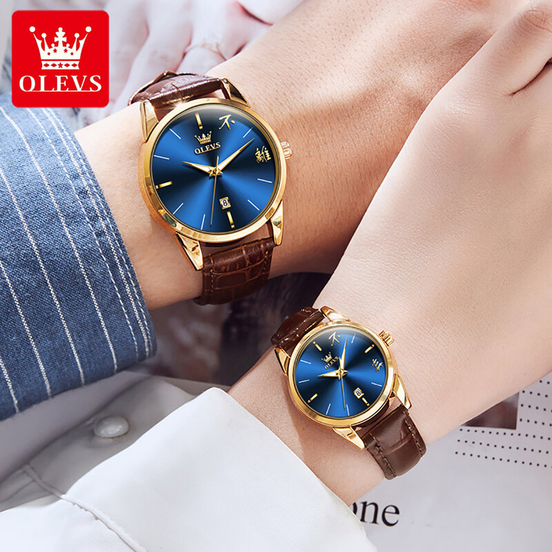 ساعة OLEVS-Quartz للزوجين ، حزام جلدي ، شاشة صينية ، قرص بسيط ، مقاومة للماء ، ساعات معصم مضيئة ، موضة