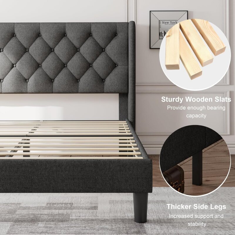 Feonase-Marco de cama de tamaño Queen con cabecero de Wingback cosido con diamantes, cama de plataforma tapizada moderna, soporte de listones de madera resistente