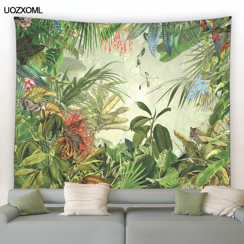 Tropical Jungle Plants Tapestry Green Palm Leaves Monstera Nature Landscape Modern Garden Home Living Room Decor Wall Hanging