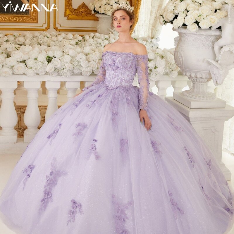 Glitter Purple Quinceanrra Prom Dresses Classic Lace Appliques Princess Long Beautiful Elegant Sweet 16 Dress Vestidos