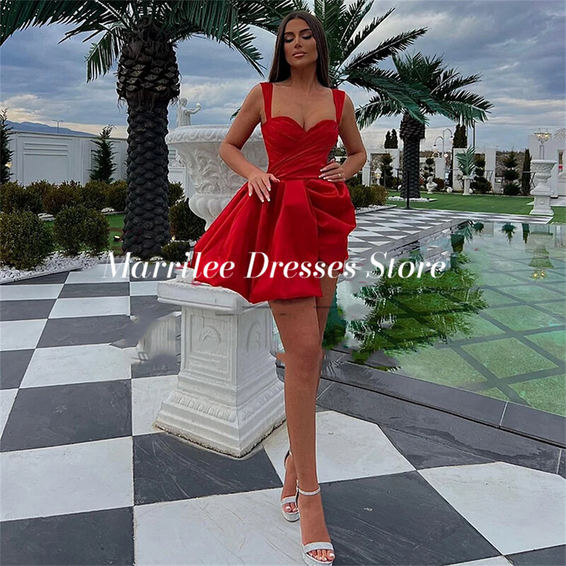 Marrilee Sexy Short Red Spaghetti Straps Sweetheart Stain Evening Dresses Charming Pleated Abovw Knee A-Line Irregular Prom Gown