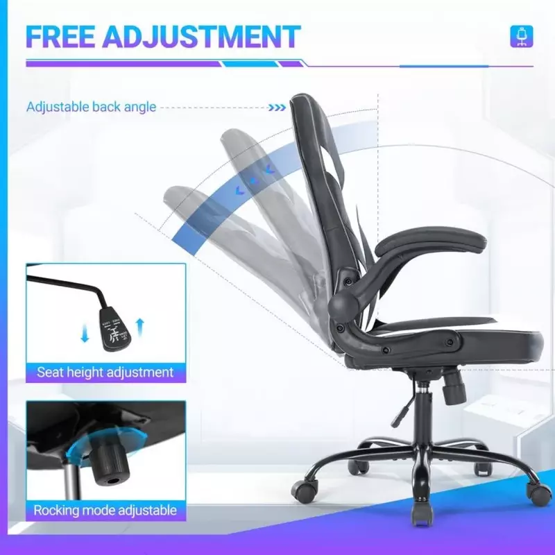 Ergonomic Office ComputerGaming Chair With Lumbar Support Flip-up ArmsAdjustable Height PU Leather Swivel With Wheels Furnitures