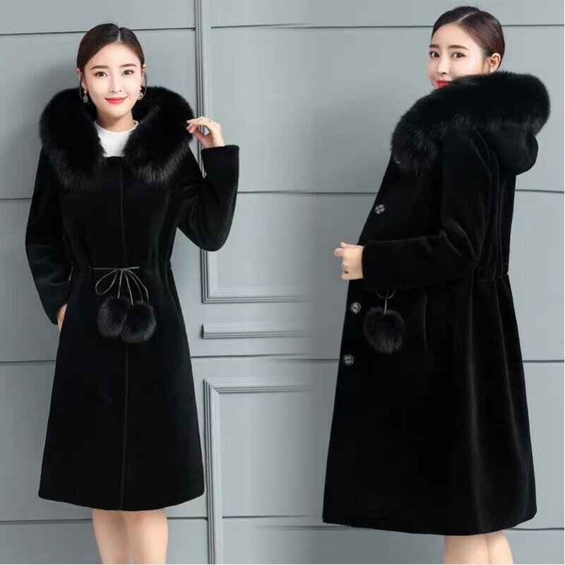 2023 Imitation Mink Coat Women Winter Medium Length  Large Artificial Fur Collar Hooded Thickened Imitation Fur Coat