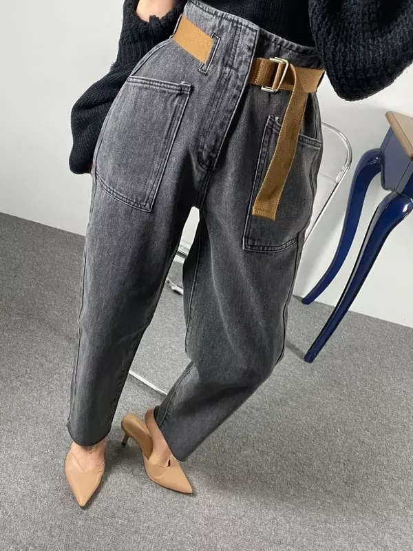 Jean spinal vintage pour femme, denim délavé, taille haute, longueur de rinçage, baggy, pantalon sarouel ceinturé, mode coréenne, fj2024