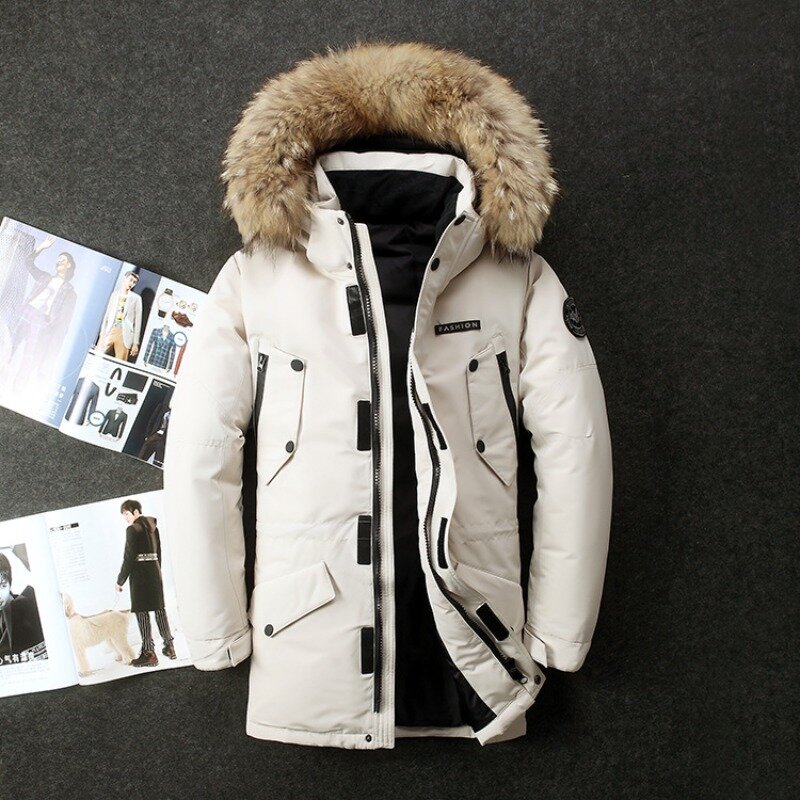 남성용 후드 오리털 코트, 모피 칼라 롱 다운 재킷, 고품질 야외 방풍 보온 캐주얼 겨울 재킷