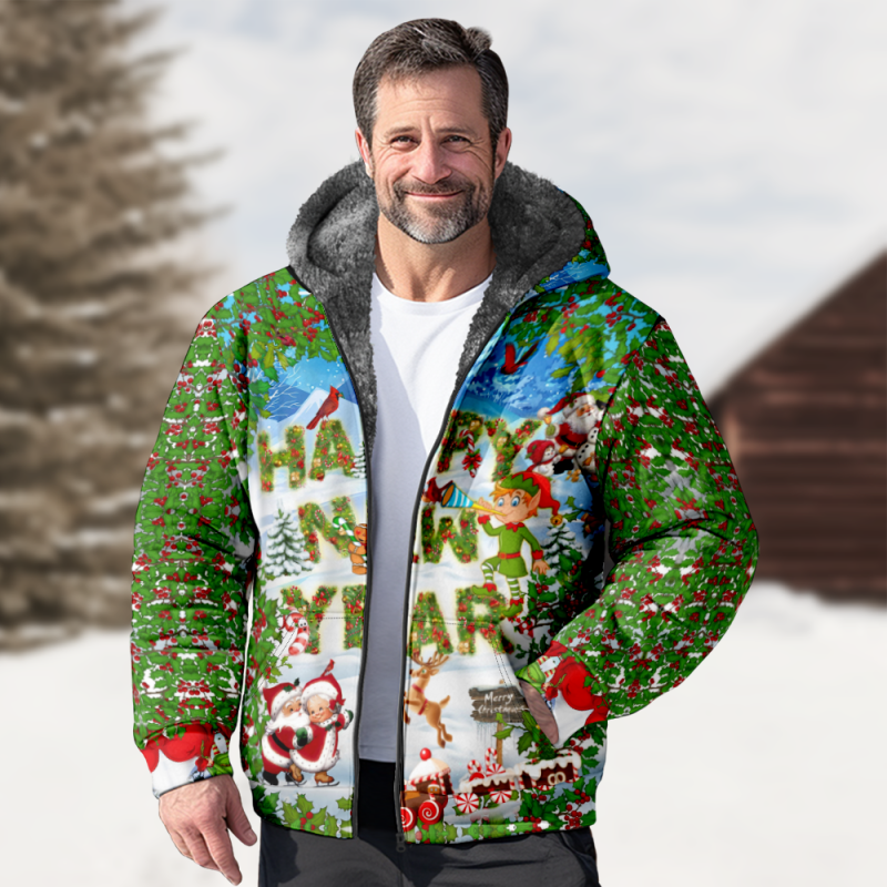 Abrigo navideño de algodón con capucha para hombre, suéter con estampado informal, lazo de piel, terciopelo ártico, bolsillo de parche con cremallera, a07