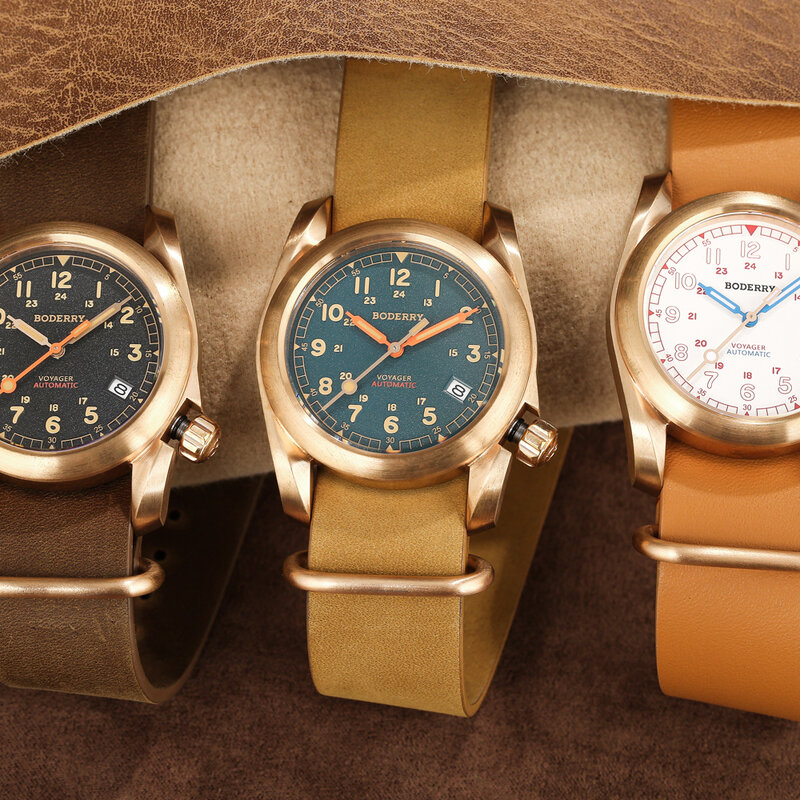 Boderry VOYAGER Field relógios para homens, Bronze Case, relógio mecânico automático, 100m impermeável, relógio militar, relógio de pulso vintage