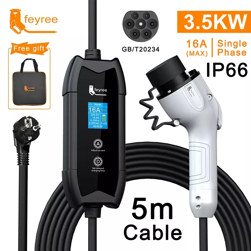 Feyree-電気自動車充電ケーブル,電気自動車充電器,gbtタイプ1,wallbox,タイプ2,16a,3.5kW, 5m,j1772