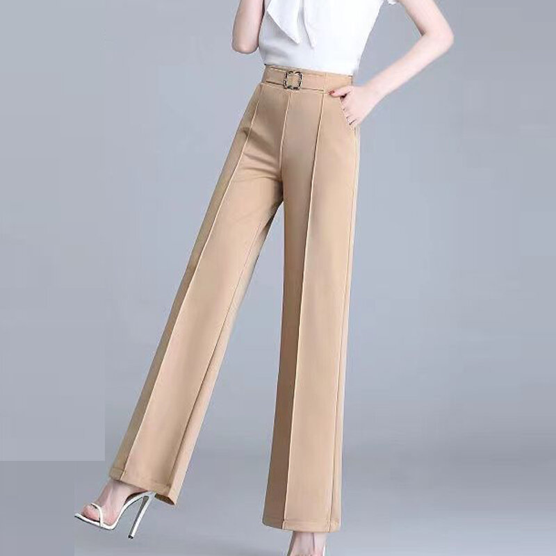 Elegant Fashion Office Lady Belt Straight Suit Trousers Women 2023 Spring Summer High Waist Pockets All Match Wide Leg Pants 4XL