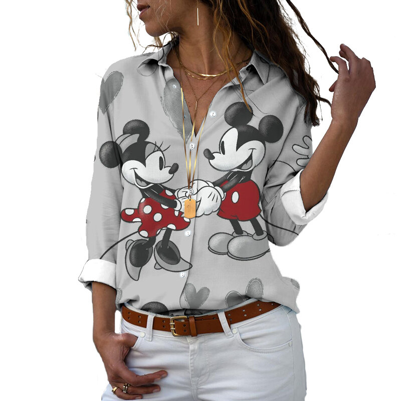 New 2022 Disney Harajuku Slim Fit 3D Printed Women Button Long Sleeve Lapel Mickey Minnie Donald Duck Casual Cute Shirt y2k