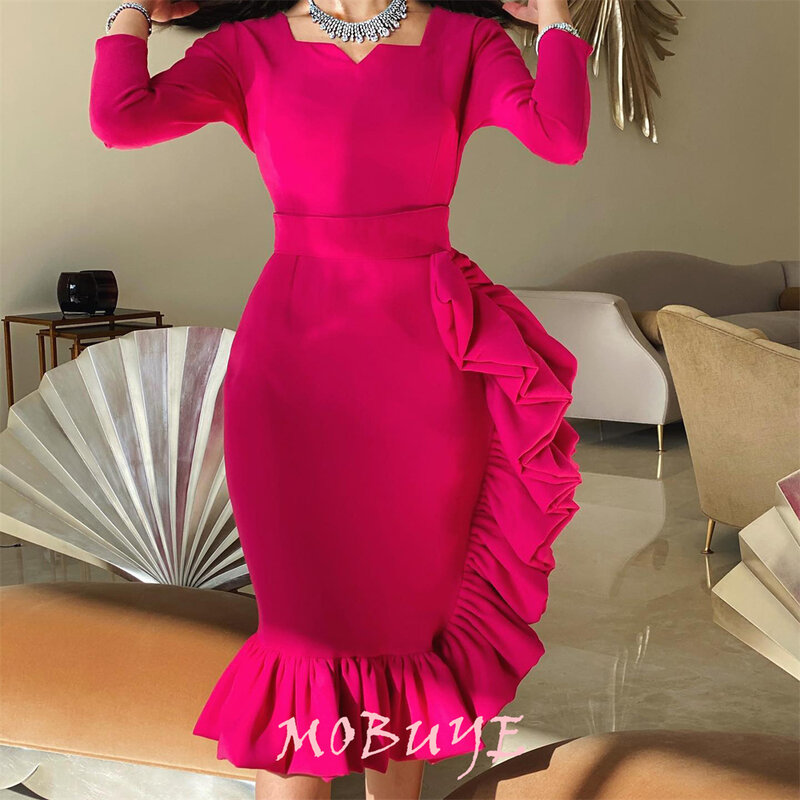 Mobuye-膝丈のプロムドレス、女性用長袖、エレガントなイブニングパーティードレス、スクープネック、人気のファッション、2022