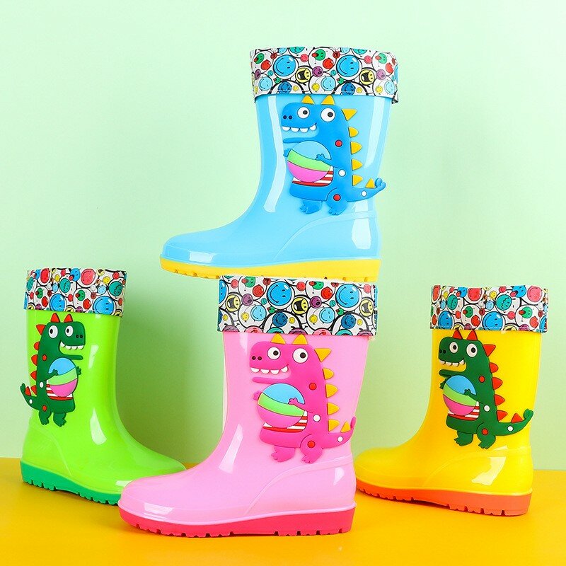 Botas de lluvia impermeables para niños y niñas, zapatos de goma con dibujos de dinosaurios, impermeables, extraíbles, para las cuatro estaciones
