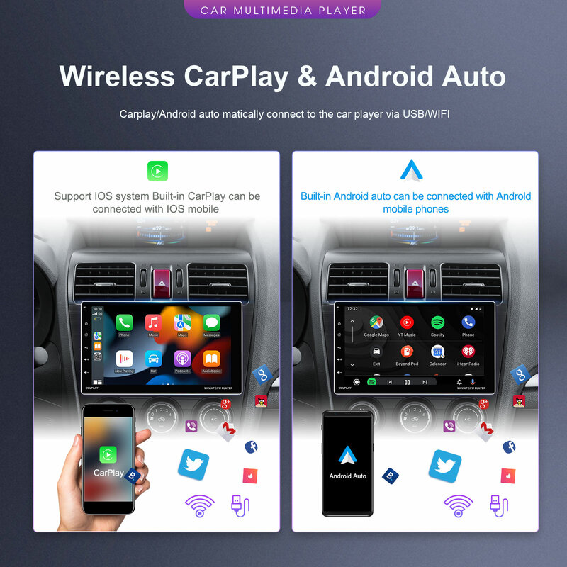 Podofo-Carplay multimídia automotivo, rádio de carro Android, auto WiFi, navegação GPS, sistema de carro inteligente, 1Din, 9 ", 2 + 64G