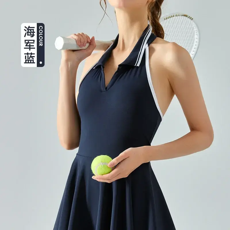 New neck contrast lapel sports conjoined skirt women's yoga clothes with chest pads to prevent exposure tennis skirt