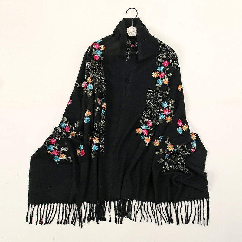 Winter imitation cashmere shawl with thickened tassel scarf flower embroidery women's fashion warmth elegance and temperame