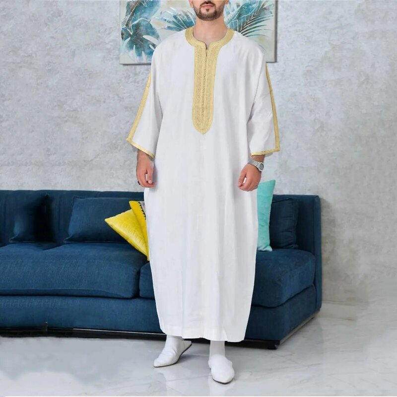 Robe muçulmano solto casual masculino, manga média, cor sólida, bordado, costura, camisa de negócios, Abaya para homens, verão