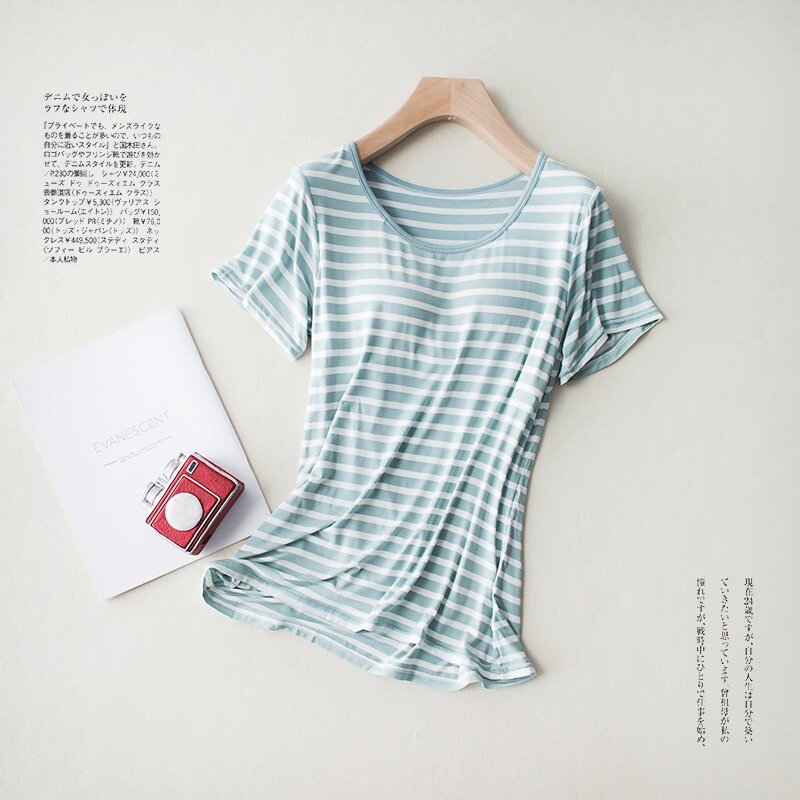 Sexy Modal Women Short Sleeve Top With Chest Pad 2024 New Fashion Striped Tank Tops Bra One Piece Blouse Short Shirt Loungewear