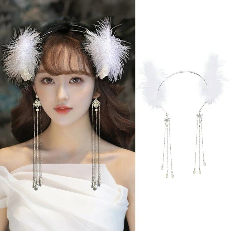 Feather Headband with Tassel Furry White Feather Hair Accessories Headpieces