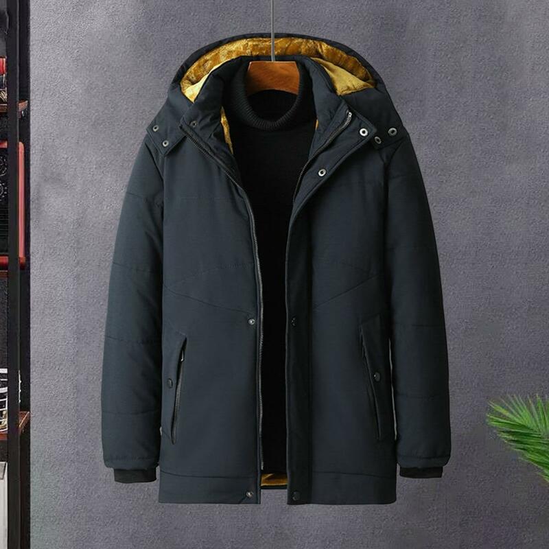Men Winter Cotton Coat Thickened Hooded Detachable Hat Windproof Mid Length Soft Pocket Zipper Head Protection Winter Jacket