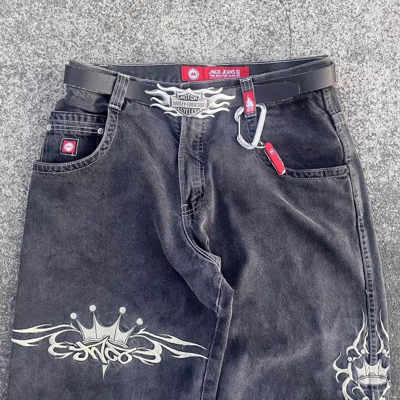 Harajuku Retro Hip Hop grafika Streetwear JNCO Jeans Y2K spodnie męskie workowate dżinsy czarne spodnie gotyckie szerokie spodnie z wysokim stanem