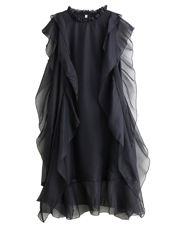 فستان نسائي من XITAO مرقع من الشاش ، حافة مكشكشة ، رقبة دائرية ، غير منتظمة ، بلا أكمام ، أحادية اللون ، مزاجية ، بلوفر ، WLD20132