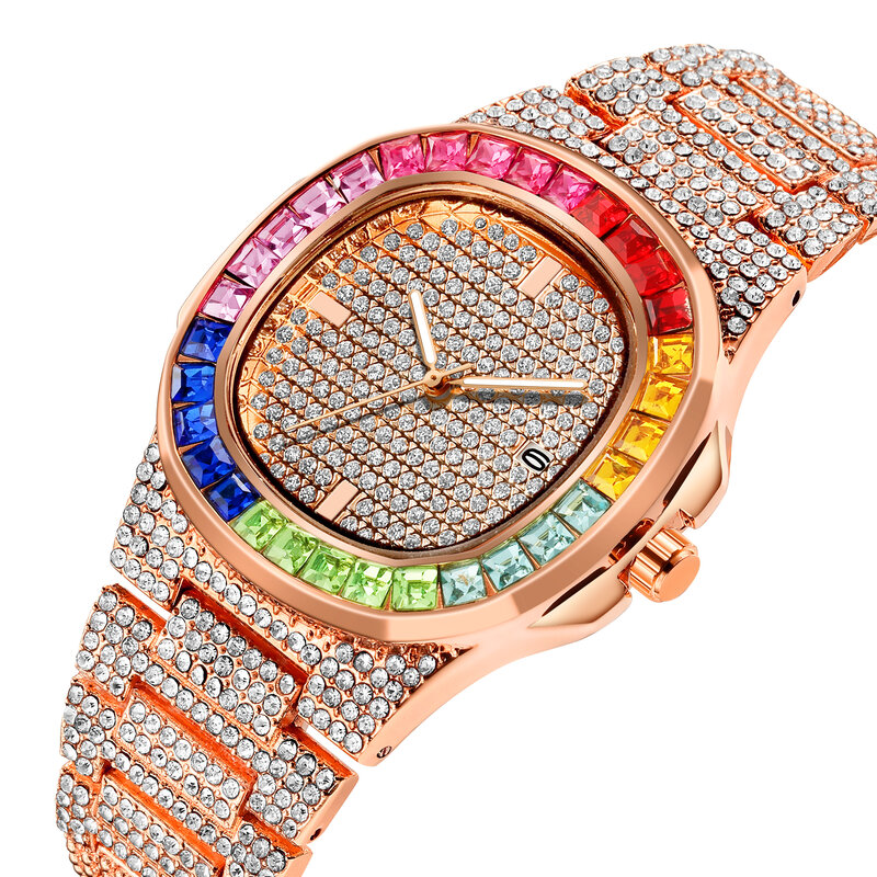 นาฬิกาผู้ชายHip Hop Iced Out Goldสีนาฬิกาควอตซ์เพชรรอบนาฬิกาสแตนเลสนาฬิกาข้อมือเครื่องประดับของขวัญ