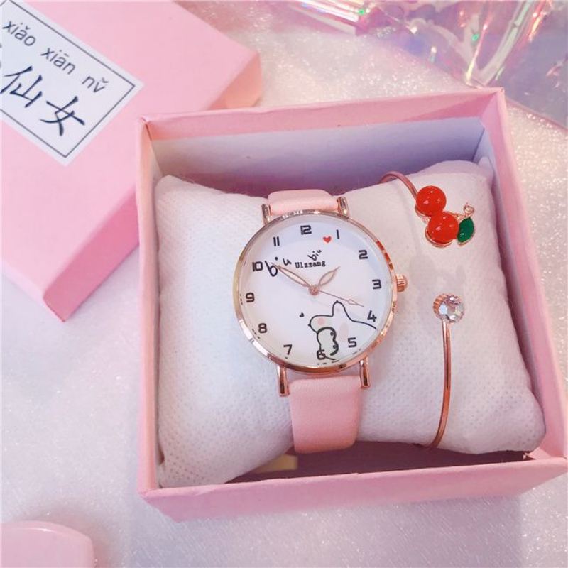 女の子のためのピンクの革のクォーツ時計,学生のための腕時計,誕生日プレゼント,新品,2023