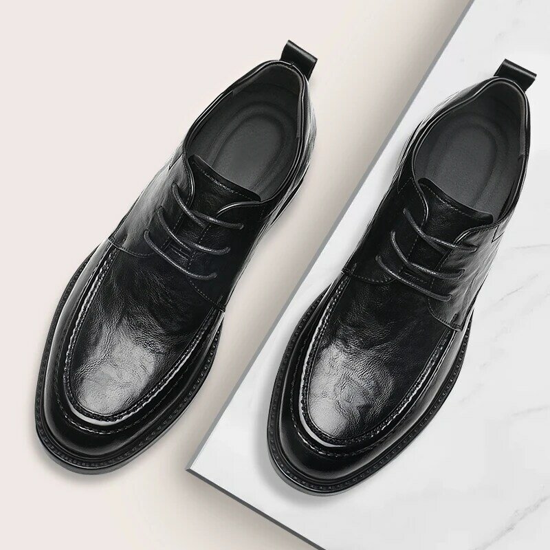 New Men Lace Up Dress Shoes Increase 8cm Cow Leather Breathable Invisible Heightening Shoes Business Casual Soft Men Derby Shoes