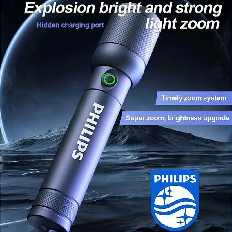 Philips-6168 Lanterna com Zoom Óptico, Lanterna Portátil, Tipo-C, 4 Modos de Iluminação, Autodefesa, Camping, Lanterna, 6168