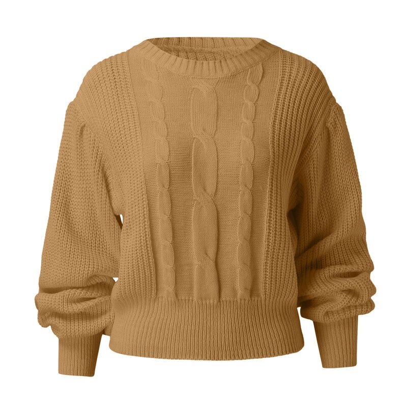 Damski okrągły dekolt długi kabel rękawowy dzianinowy sweter sweter casualowy prążkowany luźny sweter topy jednolity kolor krótkie swetry