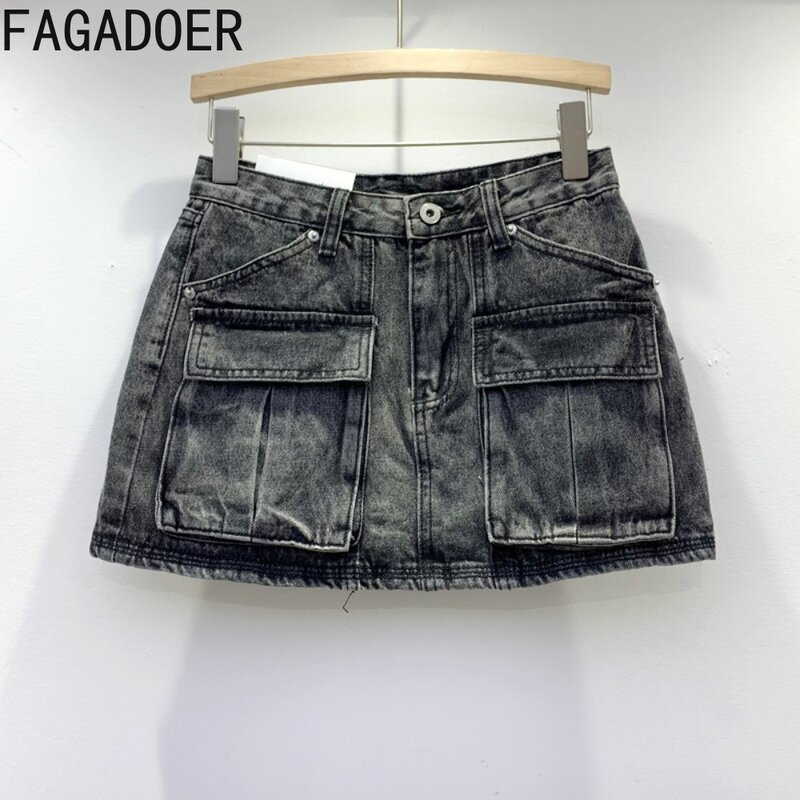 FAGADOER Fashion Y2K Personalized Cargo Pocket Denim Skirts Women High Waisted Button Mini Skirts Summer Matching Cowboy Bottoms