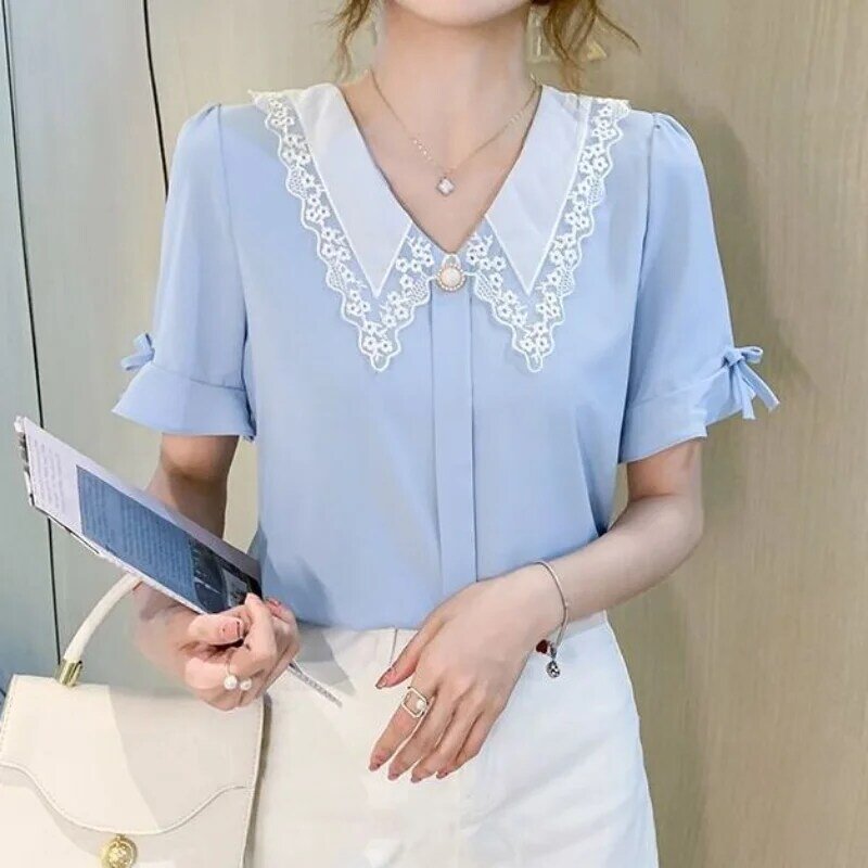 Elegant Lace Patchwork Shirt Tops Summer New Short Sleeve Button Solid All-match Office Blouse Fashion Casual Women Clothing