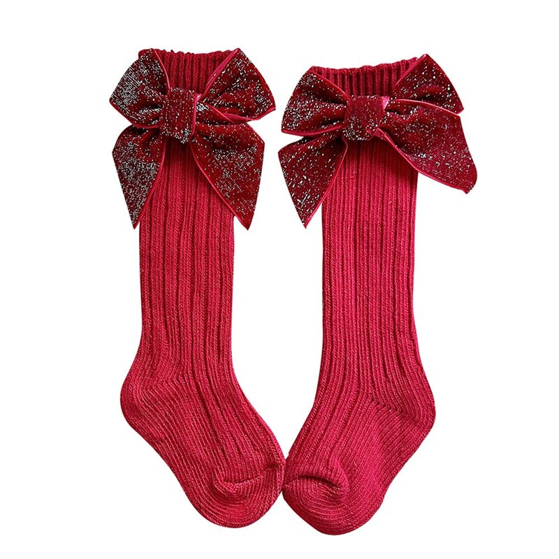 Calzini natalizi per neonate accessori per feste Soft Warm Bowknot Festival autunno inverno calzini lunghi di capodanno con regalo Bowknot