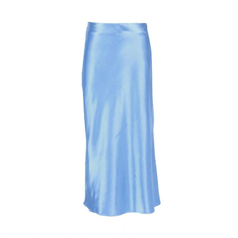 Long Hip-covering Midi Skirt Elegant High Waist Satin Midi Skirt for Women Solid Color A-line Dress with Zipper for Parties