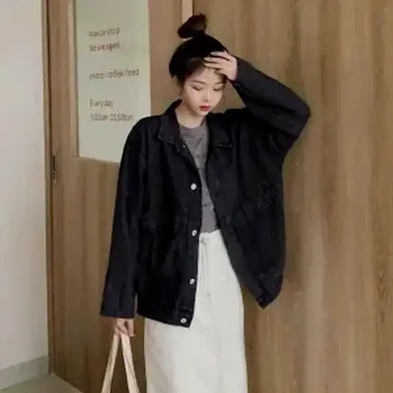 Jaket Denim pasangan wanita, mantel Denim gaya jalanan Retro kasual Korea Ins