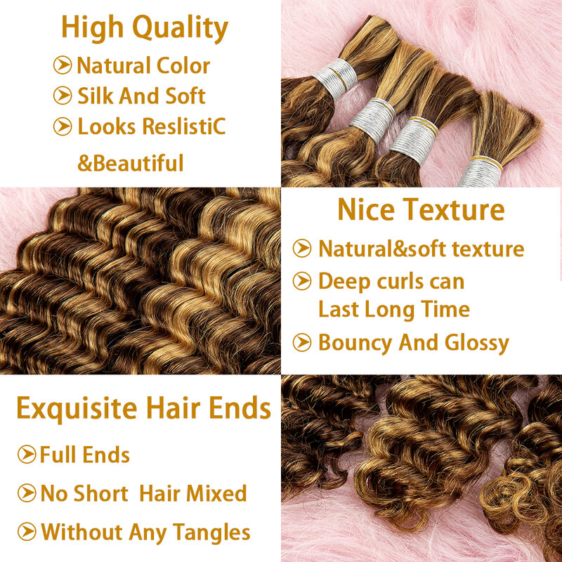 Extensiones de cabello humano para mujer, mechones de cabello ondulado profundo, rubio miel, sin trama, 4/27 resaltado, a granel