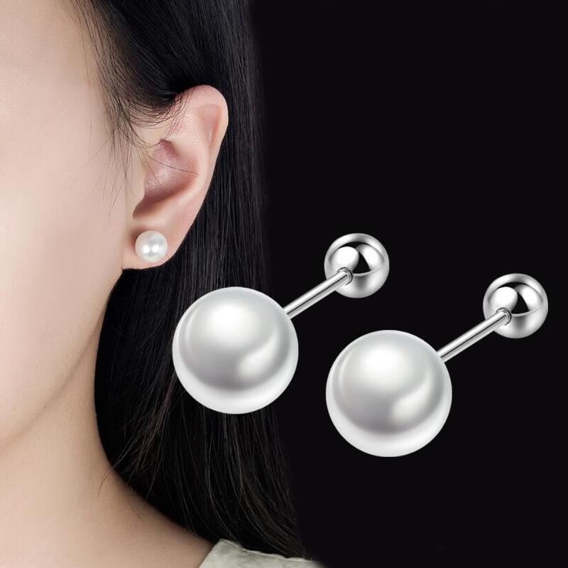 Real 925 Sterling Silver Geometric Round Bead 6/8/10/12mm Pearl Stud Earrings For Women TRENDY Fine Jewelry Accessories