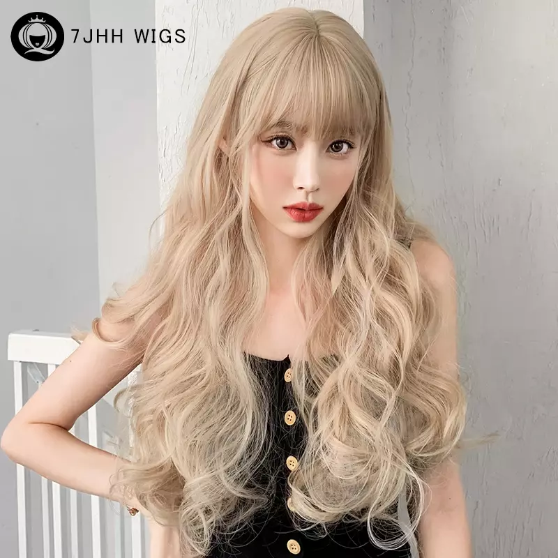 7JHH-Peluca de cabello sintético para mujer, cabellera artificial largo y ondulado con flequillo, color marrón, de alta densidad, color rubio claro, ideal para principiantes