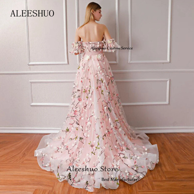 Aleeshuo gaun Prom A-line cantik gaun Formal bahu terbuka tanpa tali gaun malam Applique putri dresالanime