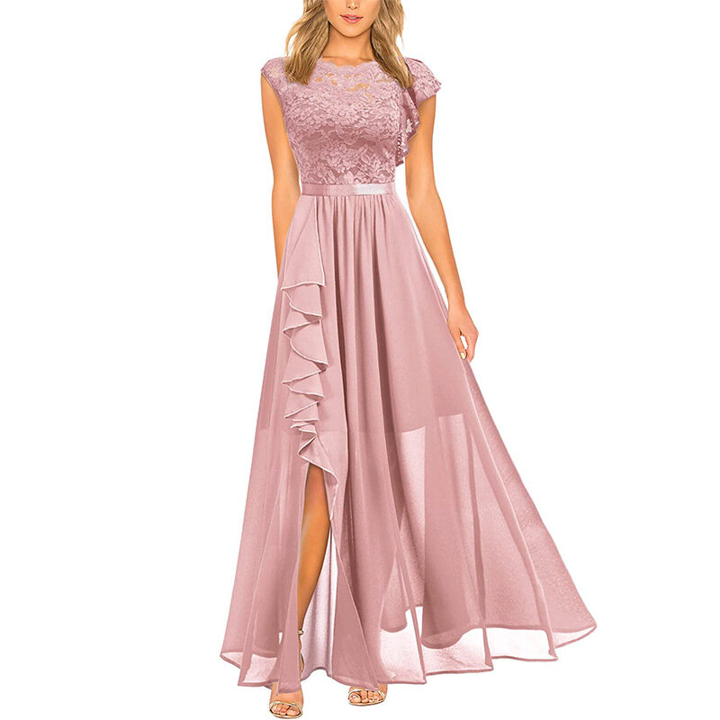 Frauen elegante Maxi formelle Abendkleid ärmellose O-Ausschnitt rosa schwarz Hochzeits feier Kleider Vintage Split gespleißt Spitze Ballkleider
