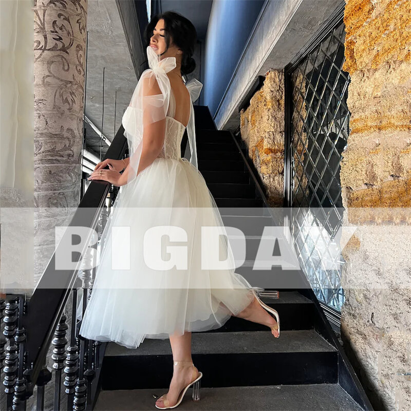 Elegant Short Wedding Dresses A-Line Sweetheart Spaghetti Straps Lace Tulle Open Back Bridal Gown Tea Length Vestidos De Noiva