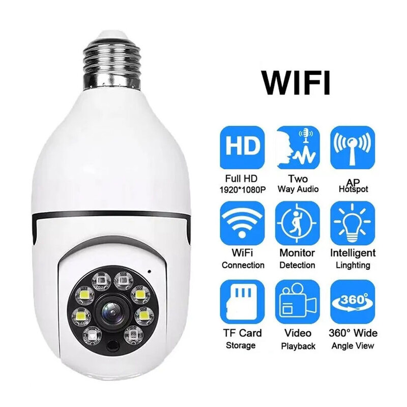 Wireless Panoramic Home Security CCTV Camera, Wi-Fi, Luz LED, 360, HD 1080P, Lâmpada E27, Câmera IP, Áudio Bidirecional, Vigilancia